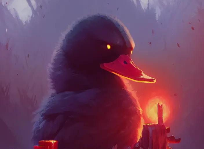 Image similar to cute fluffy mallard duck with vampire fangs wearing red cultist robe, details, cyberpunk, epic, sacrificial altar, landscape illustration concept art anime key visual trending pixiv fanbox by wlop and greg rutkowski and makoto shinkai and studio ghibli and kyoto animation symmetrical facial features