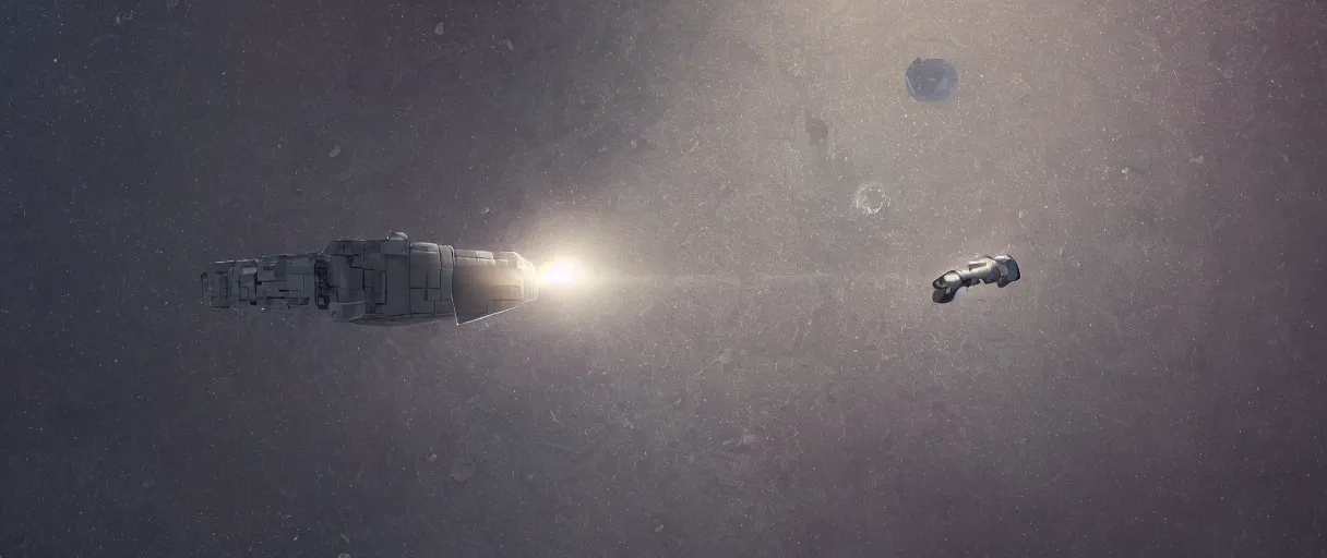 Prompt: illustration, a single small spaceship, deep space exploration, alone, the expanse tv series, industrial design, battlestar galactica tv series (2004), cinematic lighting, 4k, greebles, widescreen, wide angle, sharp and blocky shapes, hyper realistic, hubble photography, the final frontier, beksinski, simon stalenhag