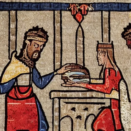 Prompt: Medieval tapestry art of a man buying a cheeseburger in a McDrive