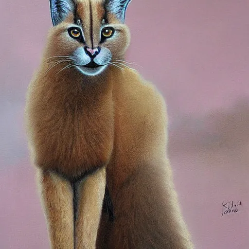 Image similar to cute fluffy caracal, painting by keith parkinson