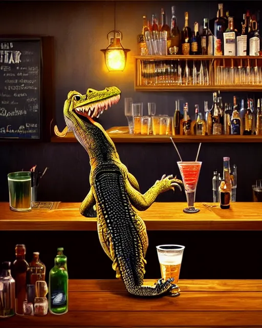 Image similar to a photo of an alligator serving drinks at a bar, fine - face, realistic shaded, fine details. realistic shaded lighting, artgerm, trending on art station