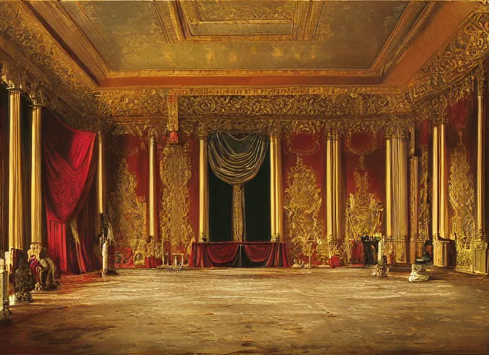 Prompt: inside of a gigantic palace throne room oil painting