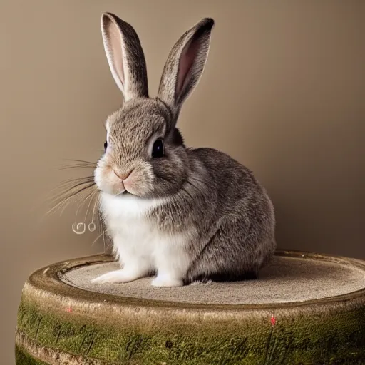 Image similar to a cute bunny sitting on a tire, studio photo, high quality