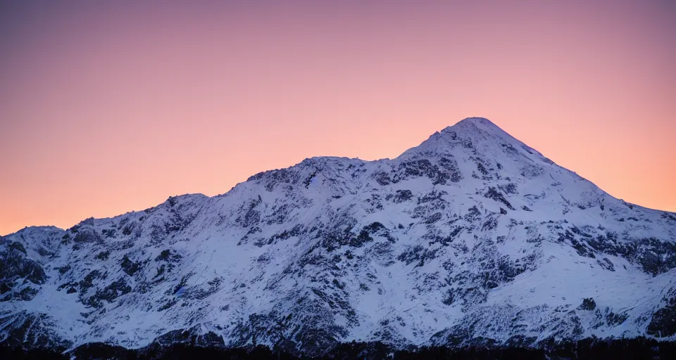 Image similar to professional photo of a snow topped mountain lit by the sunset