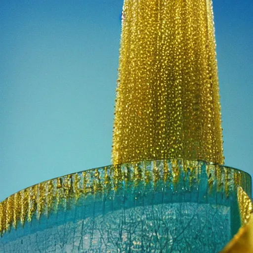 Image similar to a river of gold snaking up a crystal tower, teal sky