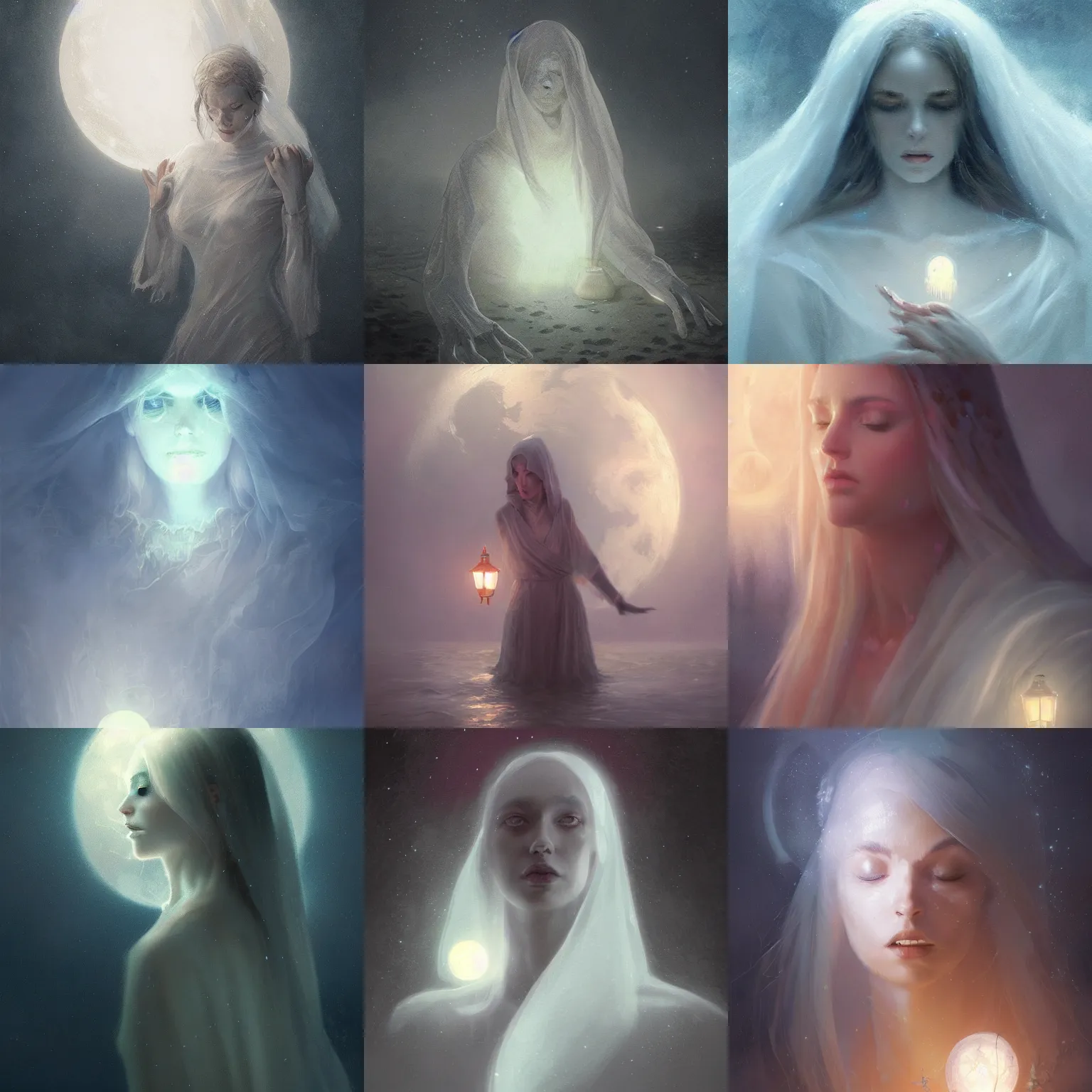 Prompt: close detail portrait white transparent ghost, mystical, digital fantasy art, hands straight down, float under moon light at night, at late evening by greg rutkowski and thomas kinkade, Trending on artstation