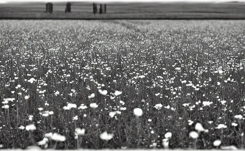 Image similar to black box on the field flowers, by Andrei Tarkovsky, mist, lomography photo effect, monochrome, 35 mm