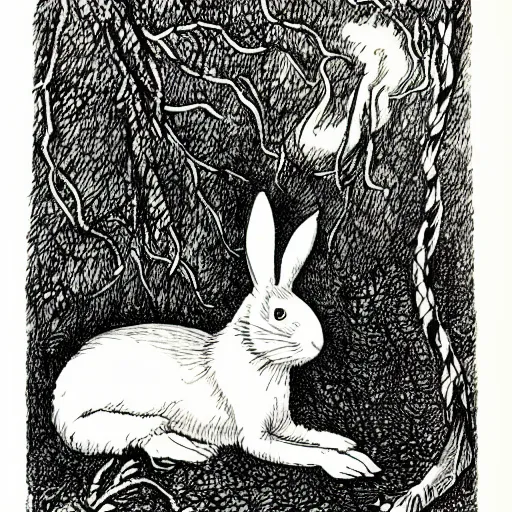 Image similar to a pen and ink drawing of a white rabbit smoking a smokey cigarette while reclining in a deep dark tangled forest, childrens book illustration, by edward gorey, by gustav dore