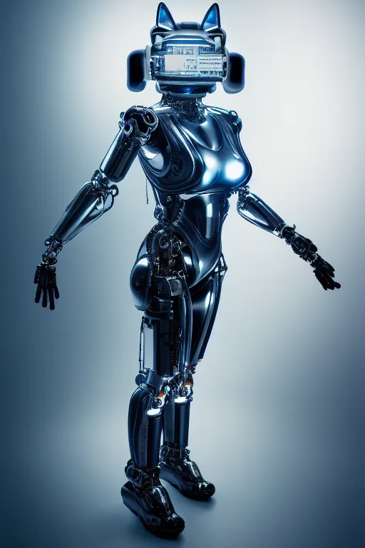 Image similar to cybernetic high tech female with cat on her head, sci - fi, cyberpunk, futurism, exoskeleton, robot, strong artificial intelligence, symmetry, cinematic, elegant, luxury, professional studio light, perfect composition, dlsr photography, sharp focus, 8 k, ultra hd, sense of awe, highly detailed, hyper realistic, intricate, science journal cover