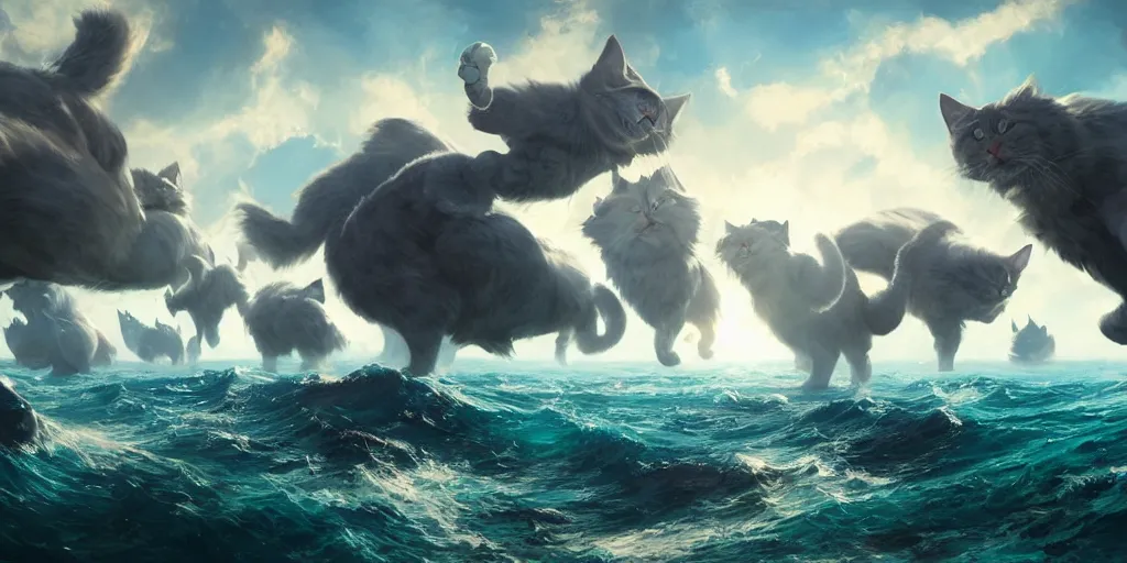 Image similar to Fleet of giant cats sailing over a blue ocean, Darek Zabrocki, Karlkka, Jayison Devadas, Phuoc Quan, trending on Artstation, 8K, ultra wide angle, pincushion lens effect.