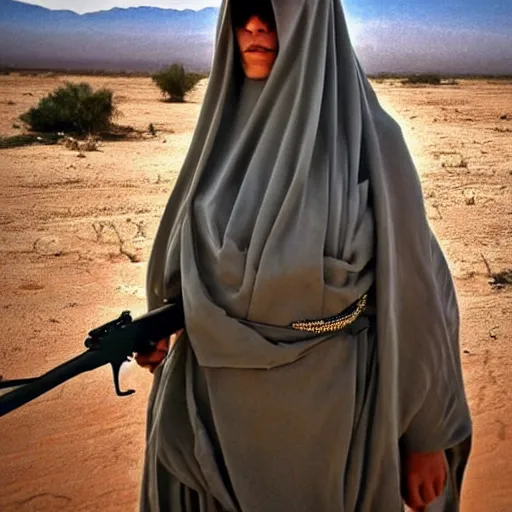 Prompt: beautiful burqa's woman, ride horse in saharan, dress like taliban, sharf eyes, white skin, riffle on chest, dust, cinematic, dynamic pose, pinterest