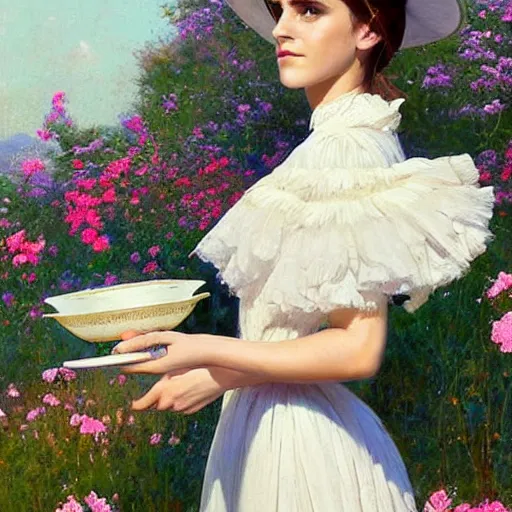 Prompt: full body fashion model emma watson by Jeremy Lipking by Hasui Kawase by Richard Schmid (((smokey eyes makeup eye shadow fantasy, glow, shimmer as victorian woman in a long white frilly lace dress and a large white hat having tea in a sunroom filled with flowers, roses and lush fern flowers ,intricate, night, highly detailed, dramatic lighting))) , high quality