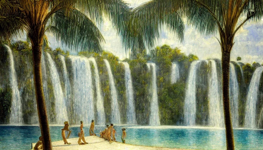 Image similar to a ultradetailed beautiful painting of the diamonds waterfall in the amazonas palace balustrade designed by jules bastien - lepage, tarsila do amaral, frank weston and gustave baumann, beach, trending on artstation, mediterranean, palm trees, sharp focus, soft light, 8 k 4 k