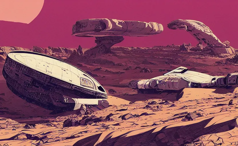 Image similar to very detailed, ilya kuvshinov, mcbess, rutkowski, simon roy, illustration of a giant crashed space ship on a desert planet, wide shot