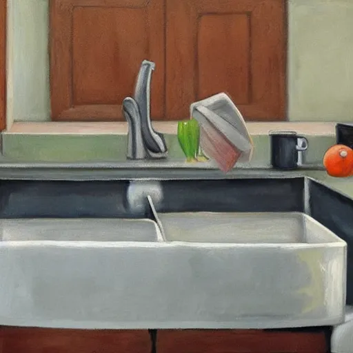 Prompt: realistic painting still of kitchen sink full of dirty dishes, angry man, high detail