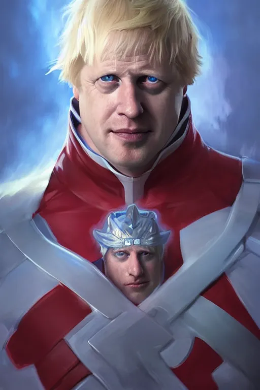 Image similar to Boris Johnson as Captain Britain, portrait, highly detailed, digital painting, artstation, concept art, smooth, sharp focus, soft volumetric lights, illustration, cinematic lighting, art by artgerm and greg rutkowski and alphonse mucha