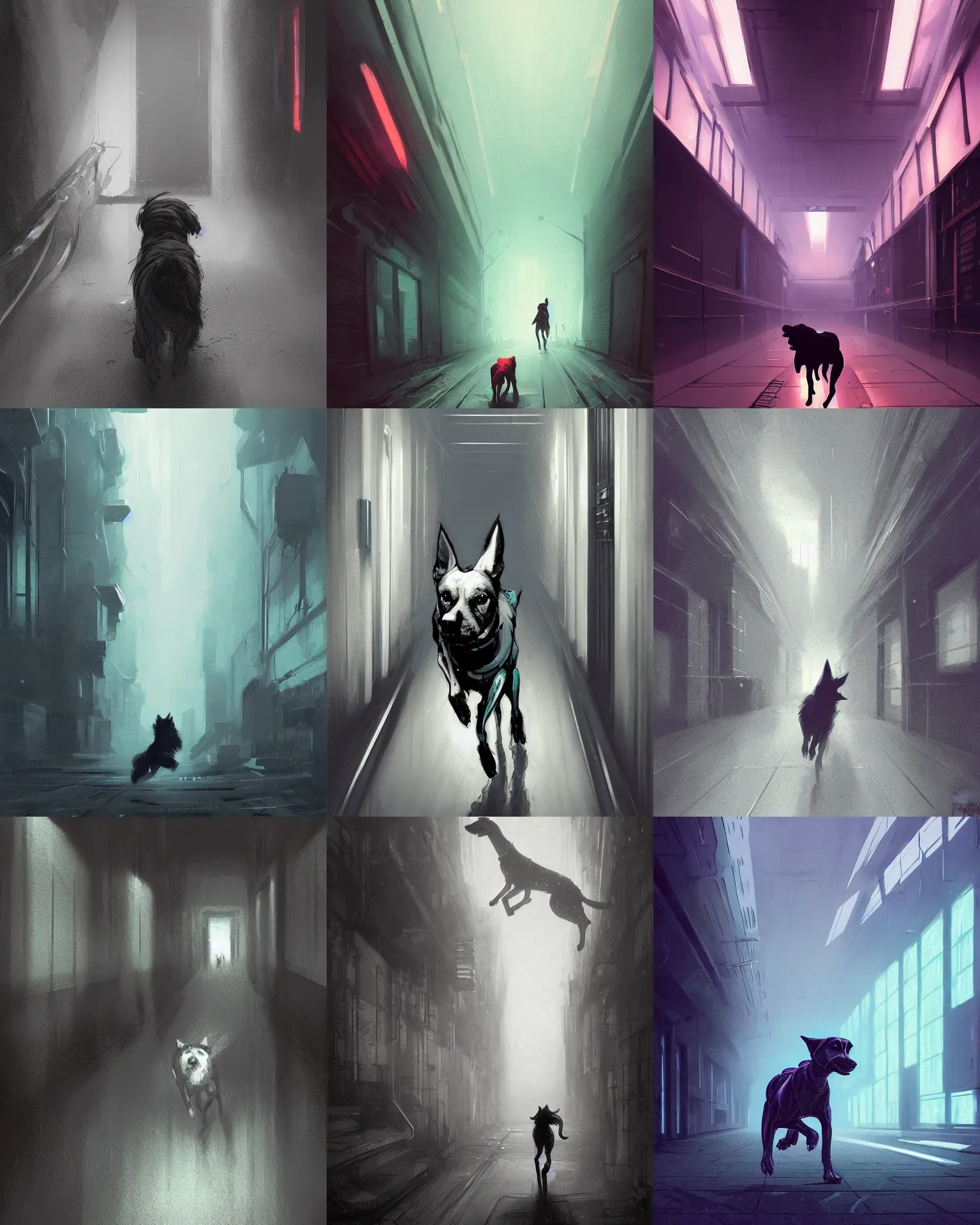 Prompt: a beautiful artwork illustration, concept art sketch of a futuristic dog running in a long dark corridor, volumetric fog, godrays, high contrast, high contrast, high contrast, vibrant colors, vivid colors, high saturation, by Greg Rutkowski and Jesper Ejsing and Raymond Swanland and alena aenami, featured on artstation, wide angle, vertical orientation