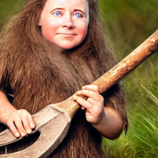 Image similar to photorealistic photograph of female dwarf with axe by Suzi Eszterhas, photorealism, photorealistic, realism, real, highly detailed, ultra detailed, detailed, f/2.8L Canon EF IS lens, Canon EOS-1D Mark II, Wildlife Photographer of the Year, Pulitzer Prize for Photography, 8k