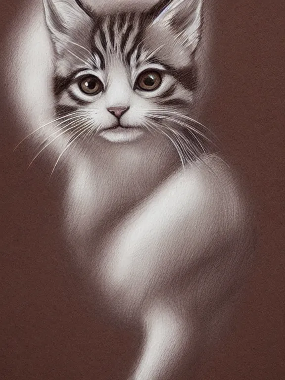 Prompt: A cute kitten, by artgerm, beautiful, mixed media on toned paper, 2021, very detailed, coffee art