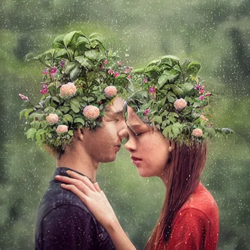 Prompt: a couple holding hands with plants growing out of their heads, growth of a couple, rainy day, atmospheric, bokeh matte masterpiece by artgerm by wlop by alphonse muhca