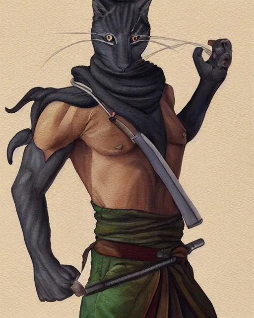 Image similar to a oil / watercolor painting full body character portrait of an anthromorphic cat martial artist / ninja in the style of moebius in the style of leonard boyarsky trending on artstation deviantart pinterest detailed photorealistic highlights and shadow hd 8 k post - processing high resolution