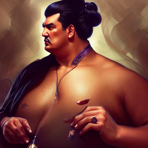Image similar to Obese Steven Seagal, fantasy, intricate, elegant, highly detailed, digital painting, artstation, concept art, matte, sharp focus, illustration, art by Artgerm and Greg Rutkowski and Alphonse Mucha, and Simon Hennessey