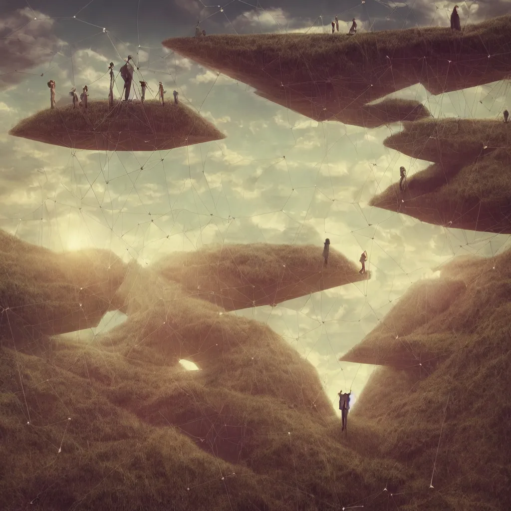 Image similar to wimmelbilder maze made of bridges in the sky, collage with photographs of beautiful android women weaving between the lines, isometric, clouds, octane render, very sharp, beksinski, quint buchholz, charlie bowater, pranckevicius