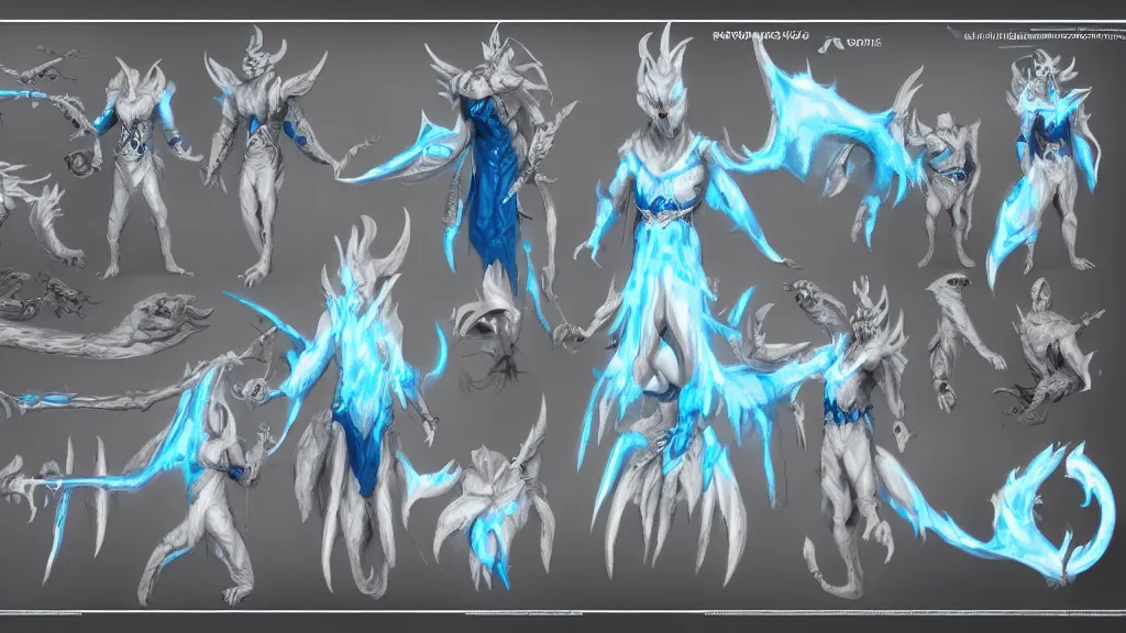 Image similar to a fantasy white and pale blue draconian demon with bright eyes character design sheet, trending on artstation