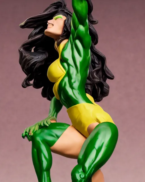 Prompt: maquette sculpture of the gorgeous she hulk, she is wearing a purple one piece swimsuit, she is tall, very fit and extremely muscular, she has green skin all over her body, long black shiny hair, hyperreal, highly detailed, in the style of sideshow collectibles, soft focus, bokeh