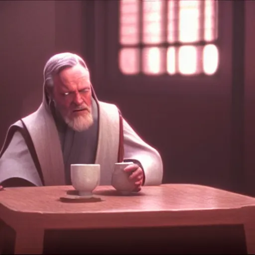 Image similar to Obi Wan! sits at a table with Palpatine! and Drinks tea. Screenshot from Movie, Movie Still, 8k, High Resolution, Highly Detailed