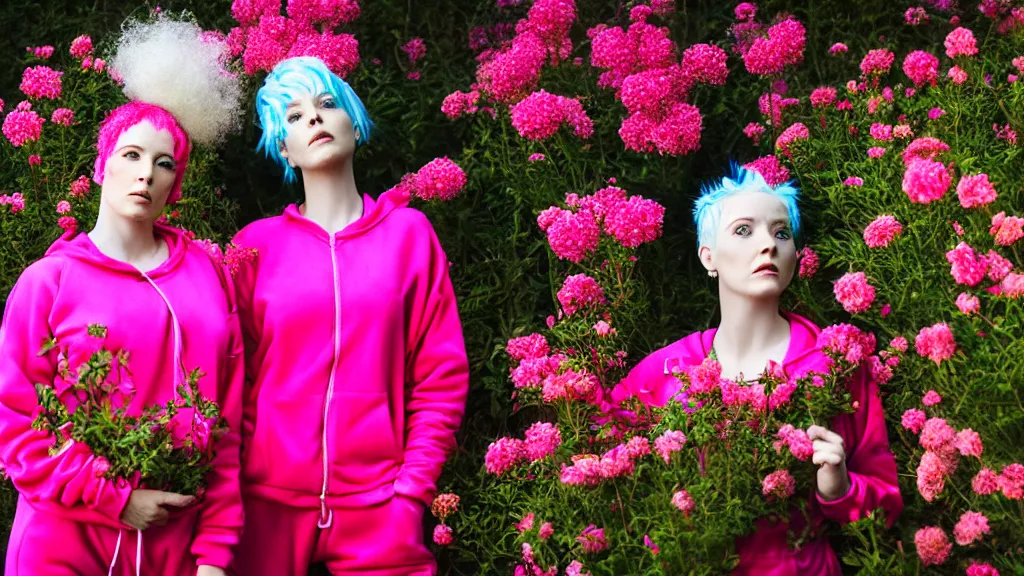 Prompt: photo-realistic portrait of two women with neon pink hair, wearing red sweatsuits, standing in a garden full of flowers, intricate details, in a renaissance style, black background