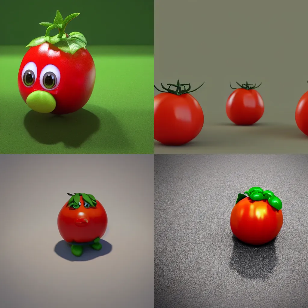 Prompt: 3 d render of a cute tomato character with eyes and feet, unreal engine 5, octane render, soft colors, vivid colors, cute, 4 k