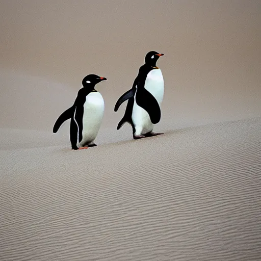 Prompt: penguins wearing sunglasses sliding in sand dunes, photography