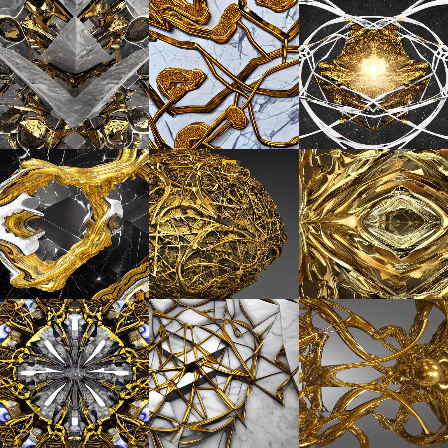 Prompt: fractured hyper abstract sculpture made from marble, partly intertwined with complex golden broken ornaments , glossy reflective marble floor, no sky, hd, 4k, digital art, overdetailed art, concept art, trending on artstation