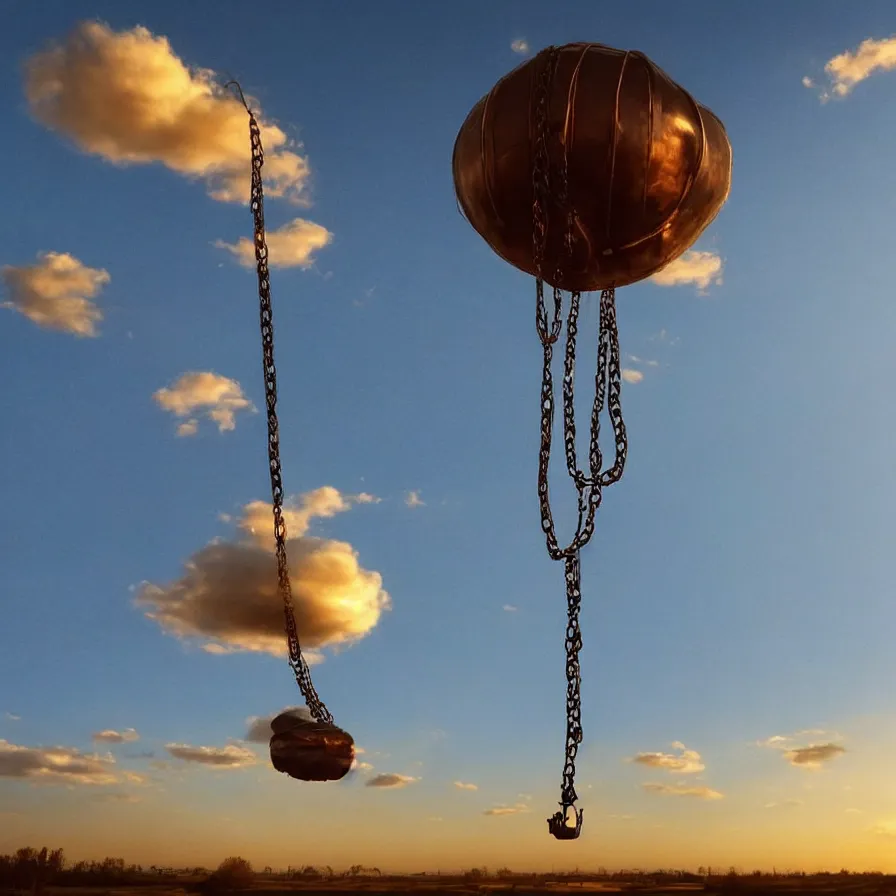 Image similar to beautiful blimps! high in the sky, copper chains hanging from the edges, ( ( steampunk styled ) ), golden hour, steam clouds, clouds, award winning photography, highly detailed, low poly, extremely wide angle