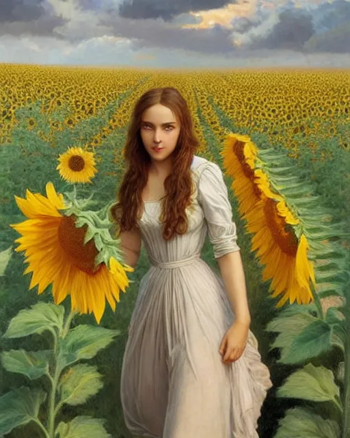 Image similar to a girl slowly walking through amazing tall sunflower field, hair flowing, early morning lightning, bad weather approaching, oil on canvas, artstation, by j. c. leyendecker and edmund blair leighton and charlie bowater, beautiful face, octane, very aesthetic!!!!!!!!!!!!!!!