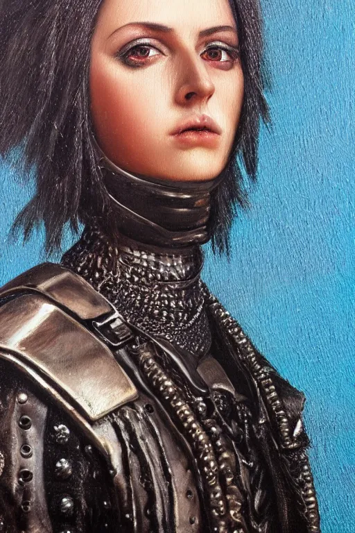 Image similar to hyperrealism oil painting, close - up portrait of punk gothic medieval brunette fashion model, knight, steel gradient mixed with nebula sky, in style of baroque