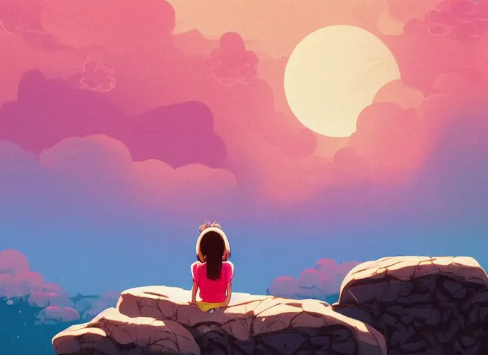 Prompt: little girl with short wavy curly light brown hair sitting on a rock. background pink and blue sunrise sky. clean cel shaded vector art. shutterstock. behance hd by lois van baarle, artgerm, helen huang, by makoto shinkai and ilya kuvshinov, rossdraws, illustration, art by ilya kuvshinov