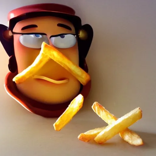 Image similar to photo of [ a single salted french fry chip ] shaped like that looks like stephen fry as a pixar character hybrid intercross mix cinematic lighting