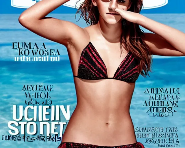 Prompt: photo of emma watson on the cover of sports illustrated swimsuit edition magazine,