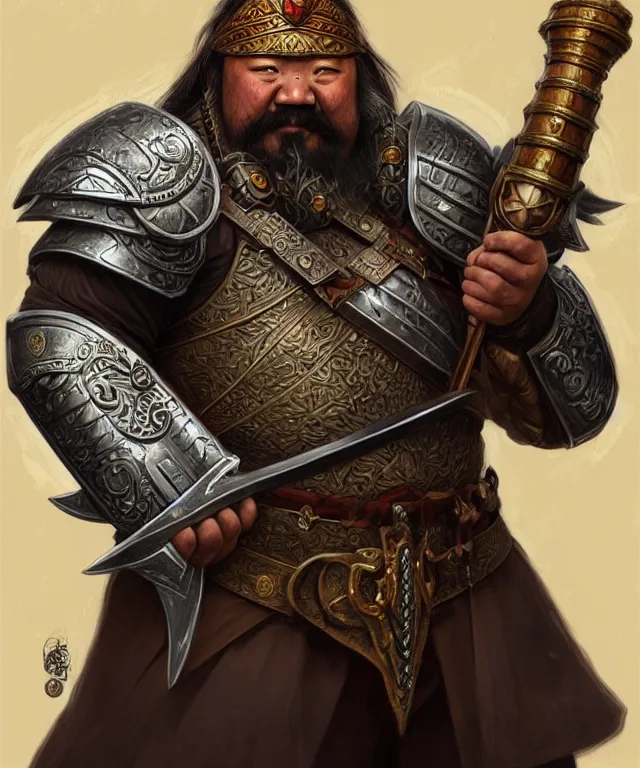 Image similar to old mongolian dwarven general portrait, armored, holding a warhammer, face, long hair, moustache, goatee, fantasy, intricate, elegant, highly detailed, digital painting, artstation, concept art, smooth, sharp focus, illustration, art by artgerm and greg rutkowski and alphonse mucha