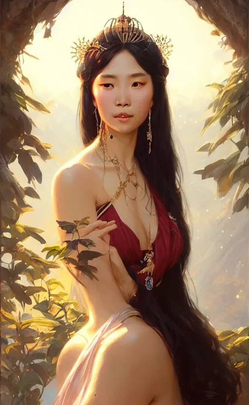 Image similar to a beautiful taiwan goddess with sundress with jewelry | | winter, realistic shaded, unpleasant face, good looking, fine details, realistic shaded lighting poster by greg rutkowski, magali villeneuve, artgerm, jeremy lipkin and michael garmash and macoto takahashi