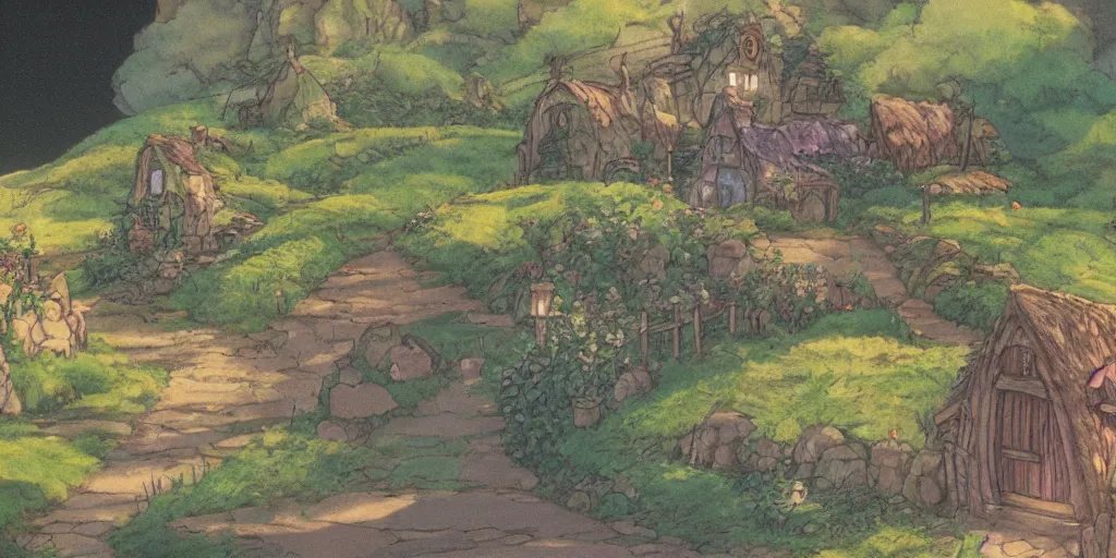 Image similar to a still of a background from howl's moving castle of hobbiton, studio ghibli, light bloom