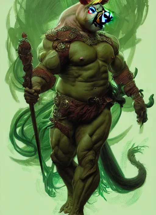 Image similar to portrait of aggressive pig humanoid, d & d, muscular! green, fantasy, intricate, elegant, highly detailed, digital painting, artstation, concept art, smooth, sharp focus, illustration, art by artgerm and greg rutkowski and alphonse mucha