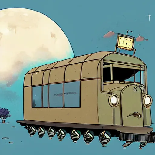 Image similar to a study of cell shaded cartoon limousine train from howl's moving castle ( 2 0 0 4 ) on a desert road, in front of a big moon, full body, wide shot, very muted colors, post grunge, studio ghibli, laurie greasley, highly detailed, deviantart, art by artgem