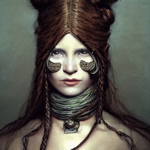 Image similar to portrait of a Shibari rope wrapped face and neck, headshot, insanely nice professional hair style, dramatic hair color, digital painting, of a old 15th century, old cyborg merchant, amber jewels, baroque, ornate clothing, scifi, realistic, hyperdetailed, chiaroscuro, concept art, art by Franz Hals and Jon Foster and Ayami Kojima and Amano and Karol Bak,