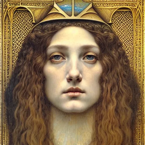 Image similar to detailed realistic beautiful young medieval queen face portrait by jean delville, gustave dore and marco mazzoni, art nouveau, symbolist, visionary, gothic, pre - raphaelite. horizontal symmetry