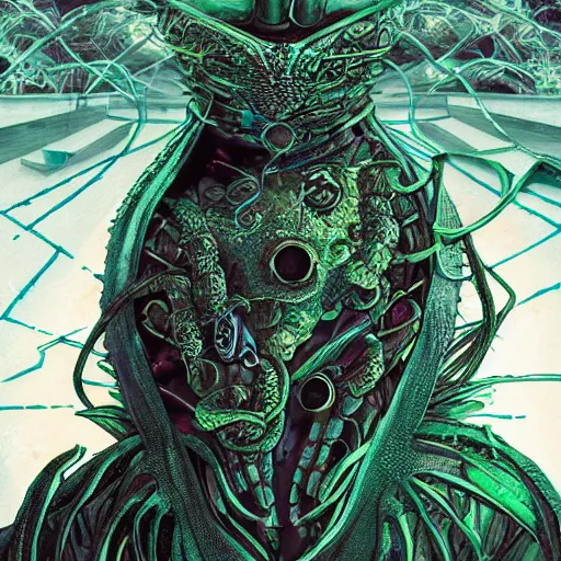 Image similar to basilisk of roko and the awakening of an ai with consciousness, surreal technological conceptual art magical cybernetic realism horror visions distopic and utopic art