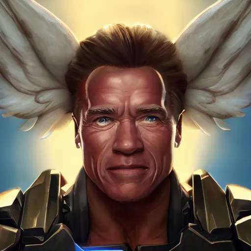 Image similar to a screenshot of arnold schwarzenegger as mercy in overwatch, angel wings, halo, portrait, fantasy, beautiful face, vivid colors, elegant, concept art, sharp focus, digital art, hyper - realistic, 4 k, unreal engine, highly detailed, hd, dramatic lighting by brom, trending on artstation