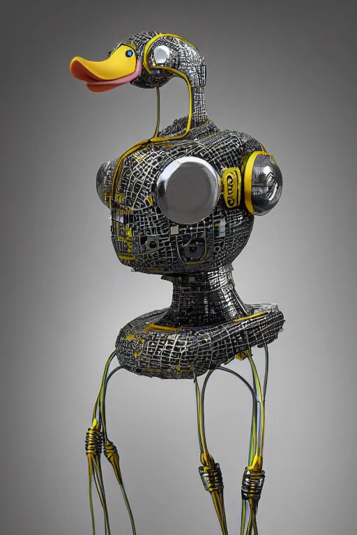 Image similar to robot duck concept portrait, visible screws and wires, 3 d metallic ceramic, detailed, sharp focus, pastel, intricate, realistic, smooth, volumetric lighting, digital painting, by miyazaki